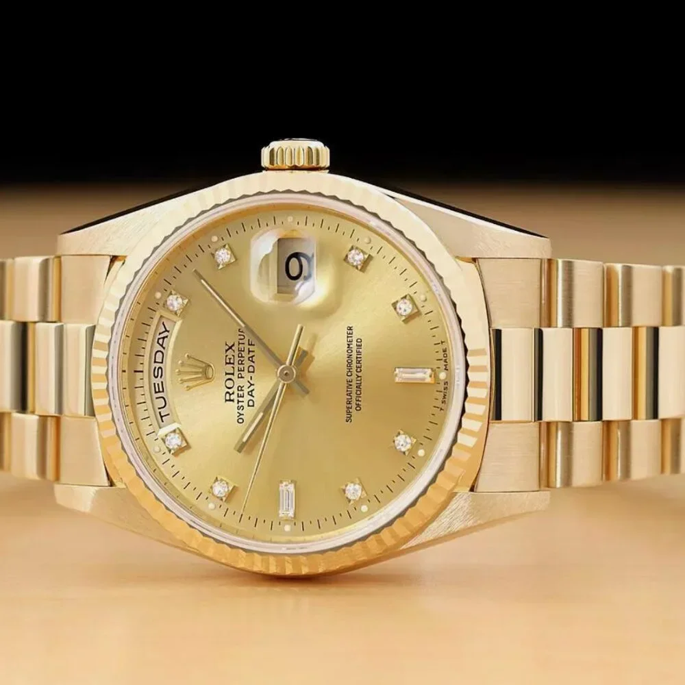 ROLEX MENS DAY-DATE FACTORY DIAMOND DIAL 18K GOLD PRESIDENT WATCH